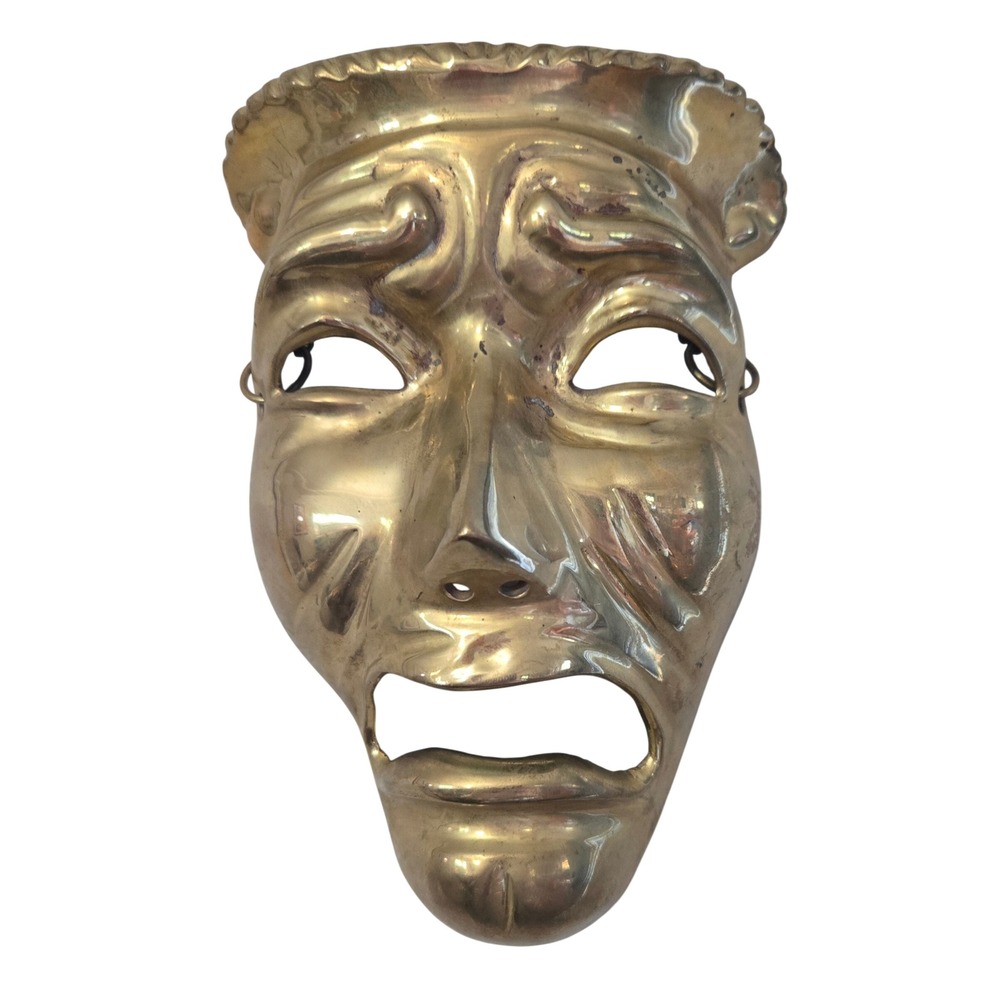 Vintage Solid Brass Tragedy Theater Mask Wall Hanging Made in India Drama Decor